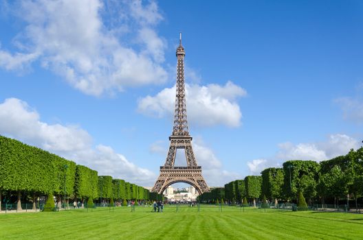 Eiffel Tower with blue sky in Paris, France.