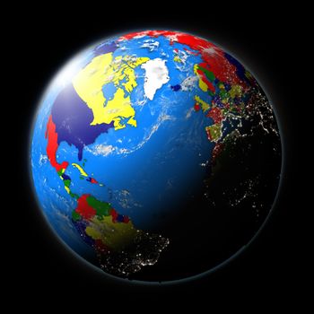 Northern hemisphere with countries on planet Earth isolated on black background.