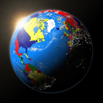 Sunset over North America on planet Earth with colored countries