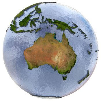 Australia on highly detailed planet Earth with embossed continents and country borders. Isolated on white background. Elements of this image furnished by NASA.