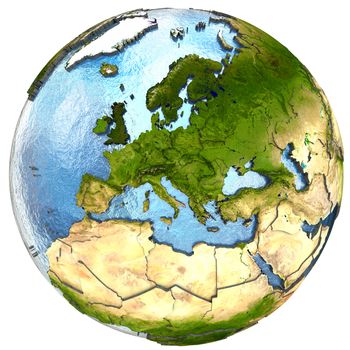 Europe on highly detailed planet Earth with embossed continents and country borders. Isolated on white background. Elements of this image furnished by NASA.