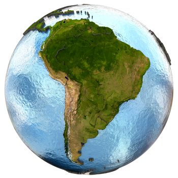 South America on highly detailed planet Earth with embossed continents and country borders. Isolated on white background. Elements of this image furnished by NASA.