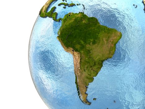 South America on highly detailed planet Earth with embossed continents and country borders. Elements of this image furnished by NASA.