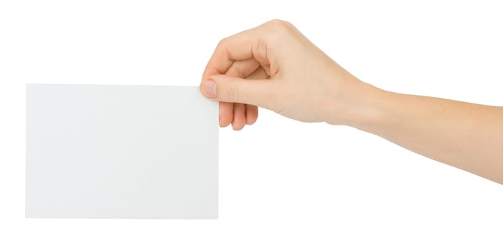 Humans hand holding empty card on isolated white background