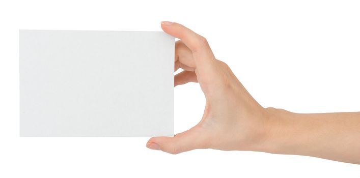 Womans hand holding empty card on isolated white background