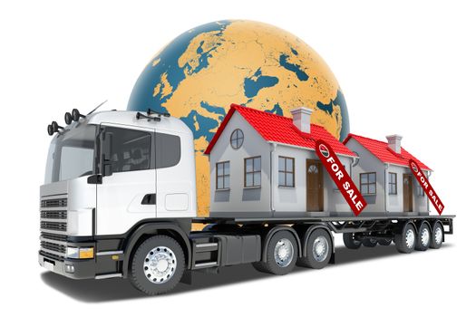 Truck with houses for sale and Earth on isolated white background. Elements of this image furnished by NASA