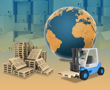 Auto-loader on abstract background with boxes and earth. Elements of this image furnished by NASA