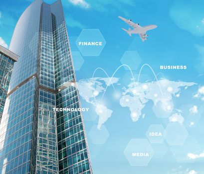 Business city with world map and jet on blue sky background