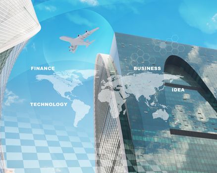 Buildings with world map and jet on blue sky background