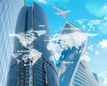 Buildings with world map and jet on blue sky background