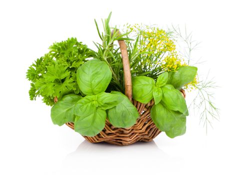 basil, parsley and dill in wicker basket, on a white background