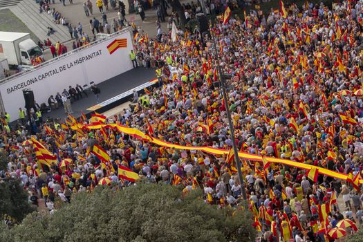 SPAIN, Barcelona : Thousands rally on Plaza Catalunya in Barcelona, on October 12, 2015, to protest against Catalonian independence during Spain's national day. Separatists in Catalonia last month vowed to push on for independence from Spain after winning control of their regional parliament, but the Spanish government promised to keep the country united.
