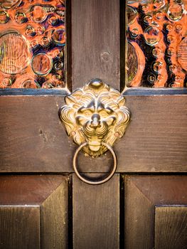 antique door knocker shaped like a golden lion's head