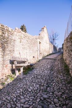 ancient medieval road that leads from the village of Soave (Italy) to the castle on the hill