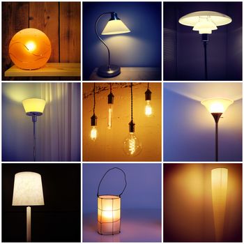 Different styles of modern lamps. Decorative lighting. Collage of nine photos.