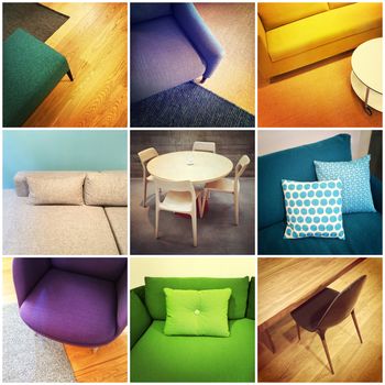 Colorful modern furniture. Interior design, collage of nine photos.