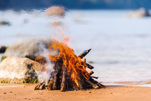 Bright campfire on the beach in summer