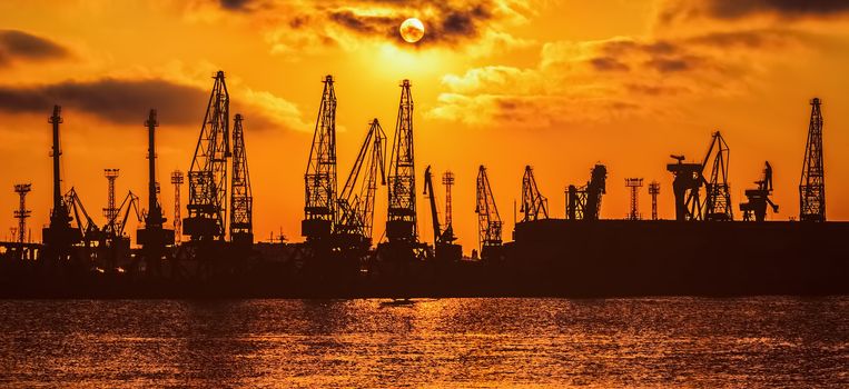 Silhouettes of Harbour Cranes in the Port at Sunset