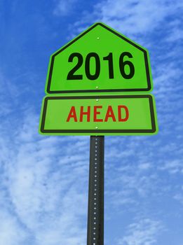 2016 ahead road sign over blue sky with clouds