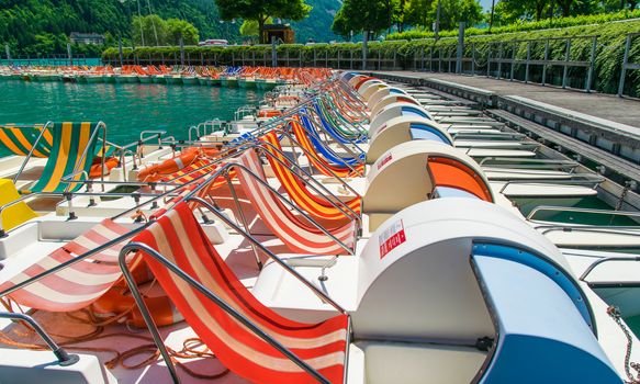 Pedal boat parked in a long line at the dock of the lake.