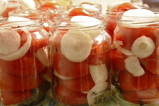 Tasty Tomatoes With Onion Canned In Glass Jars