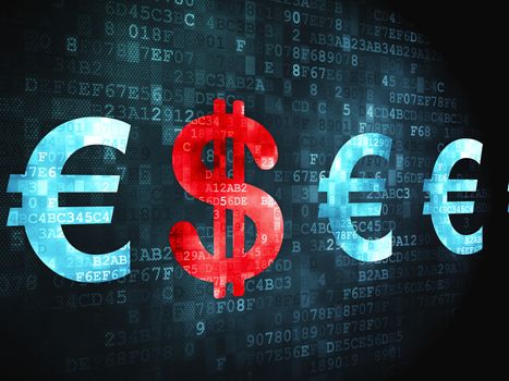 Banking concept: pixelated Dollar And Euro icon on digital background
