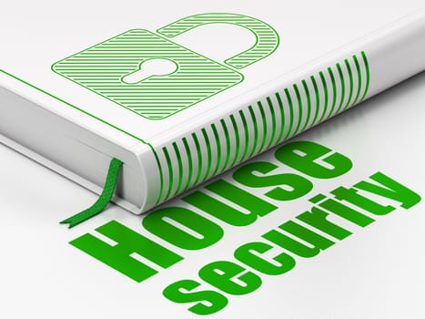 Protection concept: closed book with Green Closed Padlock icon and text House Security on floor, white background, 3d render