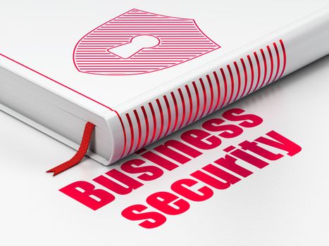 Privacy concept: closed book with Red Shield With Keyhole icon and text Business Security on floor, white background, 3d render