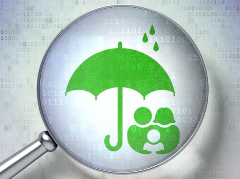 Privacy concept: magnifying optical glass with Family And Umbrella icon on digital background