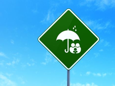 Protection concept: Family And Umbrella on green road (highway) sign, clear blue sky background, 3d render