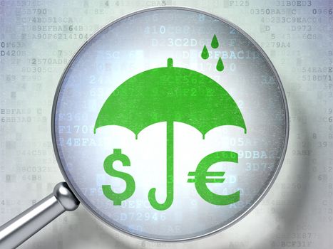 Security concept: magnifying optical glass with Money And Umbrella icon on digital background