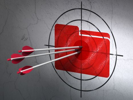 Success finance concept: arrows hitting the center of Red Folder target on wall background