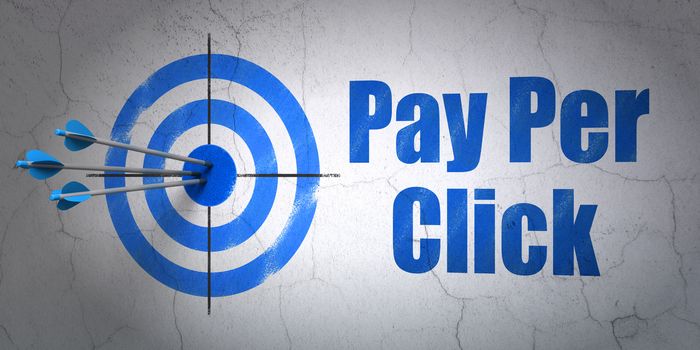 Success marketing concept: arrows hitting the center of target, Blue Pay Per Click on wall background