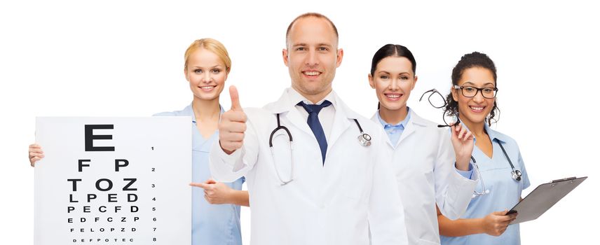 medicine, profession, teamwork and healthcare concept - international group of smiling medics or doctors with eye chart, clipboard and stethoscopes over white background