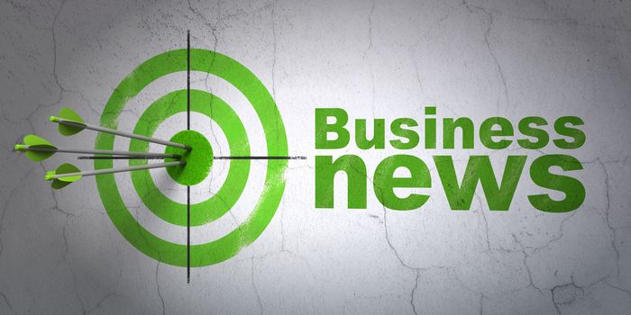 Success news concept: arrows hitting the center of target, Green Business News on wall background