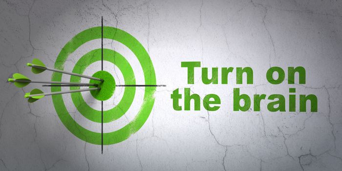 Success Learning concept: arrows hitting the center of target, Green Turn On The Brain on wall background