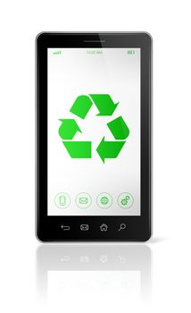 3D Smartphone with a recycle symbol on screen. ecological concept