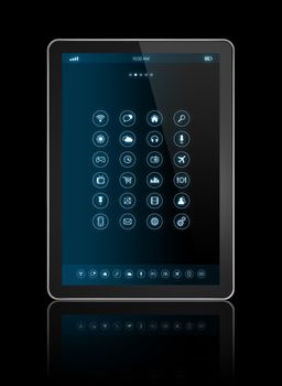 3D digital tablet with apps icons interface - isolated on black with clipping path