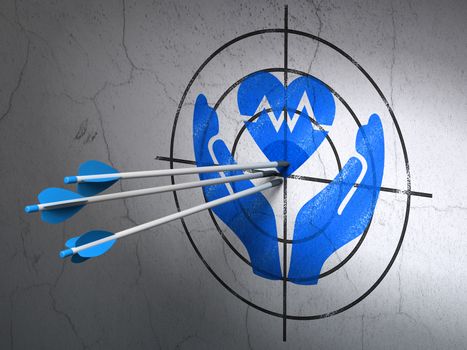 Success Insurance concept: arrows hitting the center of Blue Heart And Palm target on wall background
