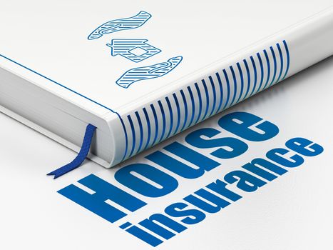 Insurance concept: closed book with Blue House And Palm icon and text House Insurance on floor, white background, 3d render