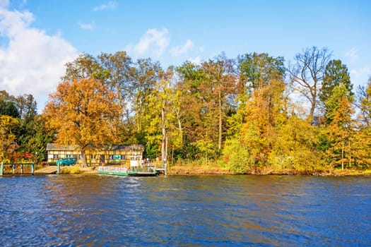 Berlin, Germany - October 27, 2013: Ferry pier to the Island Pfaueninsel in lake Wannsee. A nearby recreational area of Berlin.