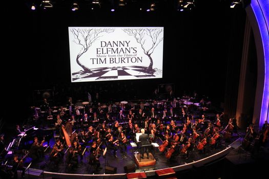FRANCE, Paris: The Lamoureux orchestra perform on the stage of the Grand Rex, in Paris, during the show Danny Elfman's music from the films of Tim Burton, on October 10, 2015.