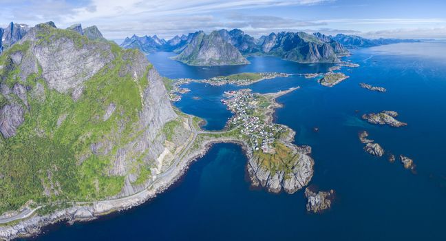 Breathtaking aerial panorama of fishing village Reine on Lofoten islands in Norway