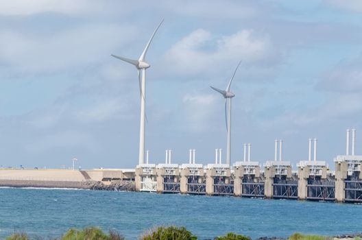 Wind turbine in the sea off the Dutch North Sea coast.