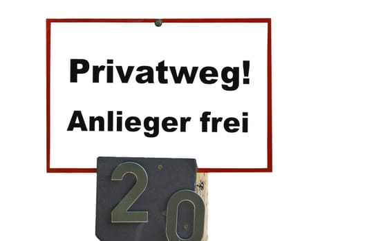 White sign with the word private way, in front of white background.