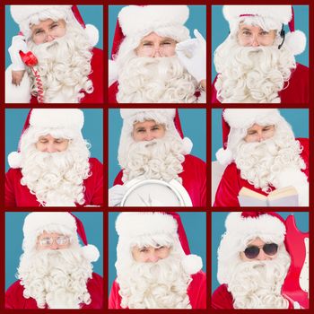 Composite image of happy santa holding a clock