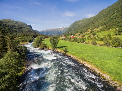Scenic aerial view of river in green valley in Norway