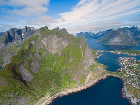 Aerial view of coastal road by Reine, scenic fishing town on Lofoten in Norway