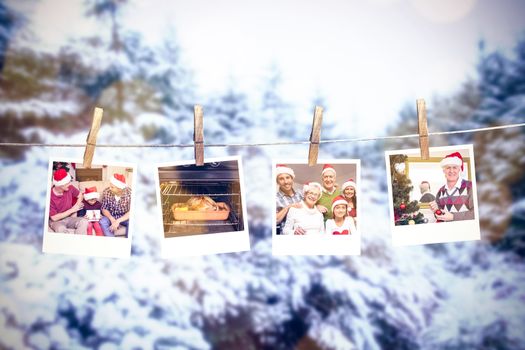 Clothes peg on line with instant photos against snow covered trees against sky