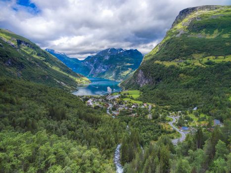 Scenic view of Geiranger, famous fjord in Norway, popular tourist destination